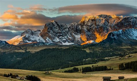 Sunset Mountains Forest Dolomites Snowy Peak Clouds Grass Cabin