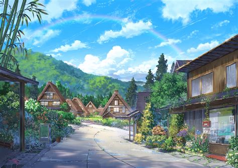 Wallpaper Nature Houses Clouds Scenic Anime Landscape Resolution