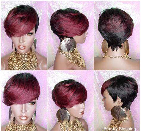 Burgundy Wine Ombre Hair Wig Short Wig Pixie Cut Style Wig With Swoop Bangs Women Wigs Colored