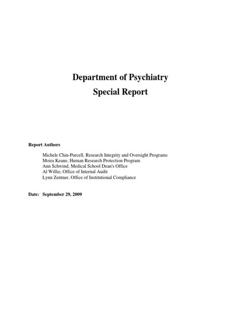 Department Of Psychiatry Report 2009 Pdf Institutional Review Board