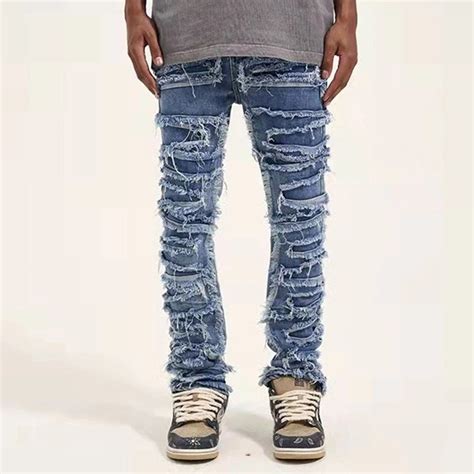 Men Streetwear Stacked Blue Denim Jeans Y2k Distressed Jeans Etsy