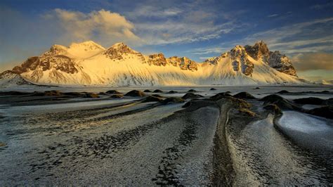 Sunsire Winter Landscape Mountain Vestrahorn Iceland Island Ice Cold