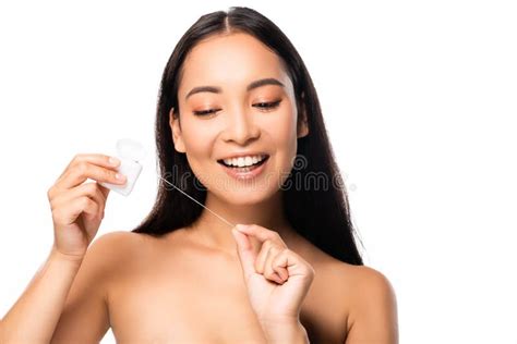 View Of Beautiful Naked Asian Woman With Cosmetic Brush On Grey Stock Image Image Of Beauty