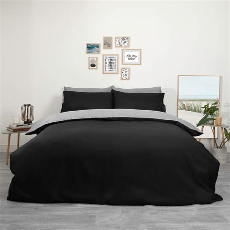 Brentfords Plain Dye Duvet Cover Set With Pillow Sham Grey Black