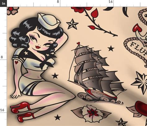 Pinup Fabric Suzy Sailor Pattern Super Large By Miss Fluff Etsy
