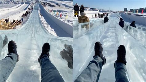 Woman Glides Down Slide Of Ice Yakutsk City Ice Festival Youtube