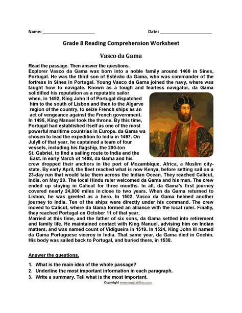 A practice comprehension paper to test your comprehension skills. Vasco De Gama Eighth Grade Reading Worksheets | Reading ...