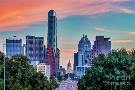 Austin Skyline And Texas Capitol With Colorful Sunrise Photograph By