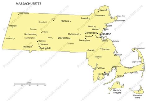 Massachusetts Outline Map With Capitals And Major Cities Digital Vector