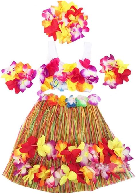 Conjunto De Disfraz De Hula Hawaiana Para Niñas Con Falda De Zacate