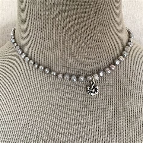 Updated Gray Pearl Beaded Necklace With Off Center Blossom Etsy