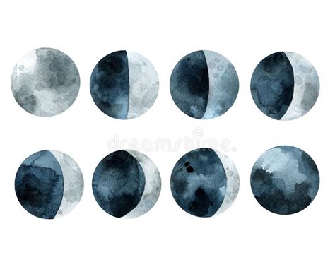 Blue Phases Of The Moon Indigo Watercolor Drawing Hand Drawing Stock