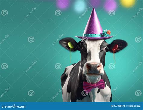 Cow In Party Cone Hat Necklace Bowtie Outfit Isolated On Solid Pastel