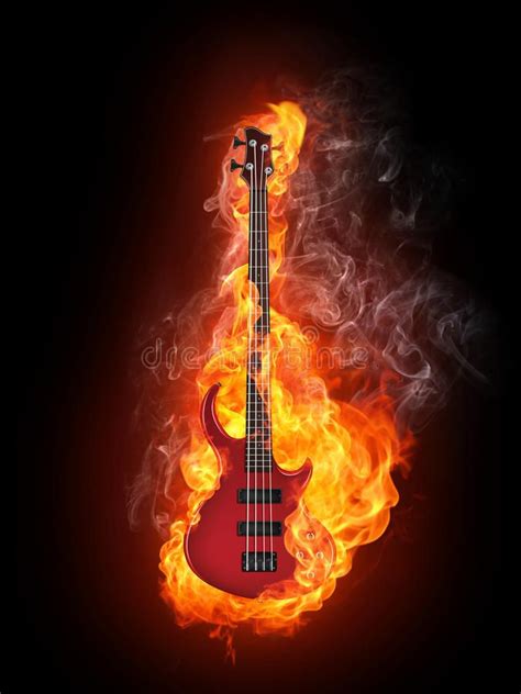 Electric Bass Guitar In Fire Isolated On Black Background Computer
