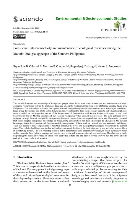 The experts of myessayhelp.co.uk work on any assigned subject matter. (PDF) Forest care, interconnectivity and maintenance of ecological resources among the Manobo ...