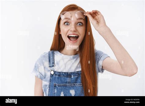 Excited Redhead Girl With Freckles And Blue Eyes Long Natural Ginger