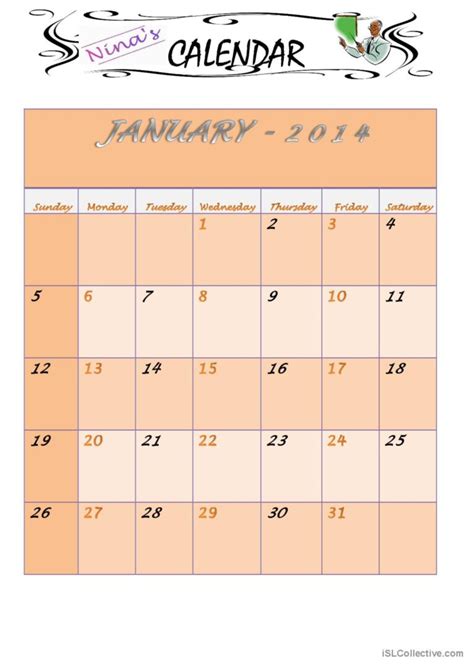 January 2014 Calendar English Esl Worksheets Pdf And Doc