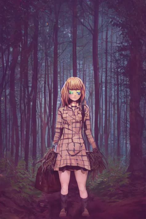 Woman In A Dark Forest Detailed Plaid Miniskirt Stable Diffusion