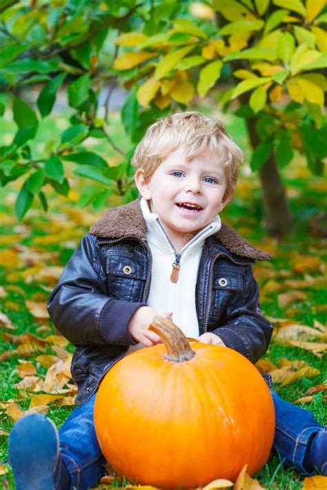 Little Toddler Kid Boy With Big Pumpkin In Garden Stock Image Image