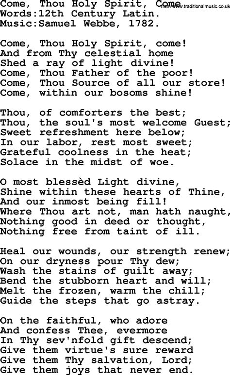 Pentecost Hymns Song Come Thou Holy Spirit Come Lyrics And PDF
