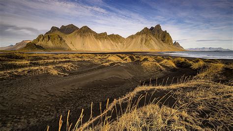Beach Iceland And Vestrahorn Mountain Under Cloudy Blue Sky Nature Hd