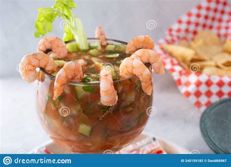 Coctel De Camarones Mexican Shrimp Cocktail With Avocado Stock Photo