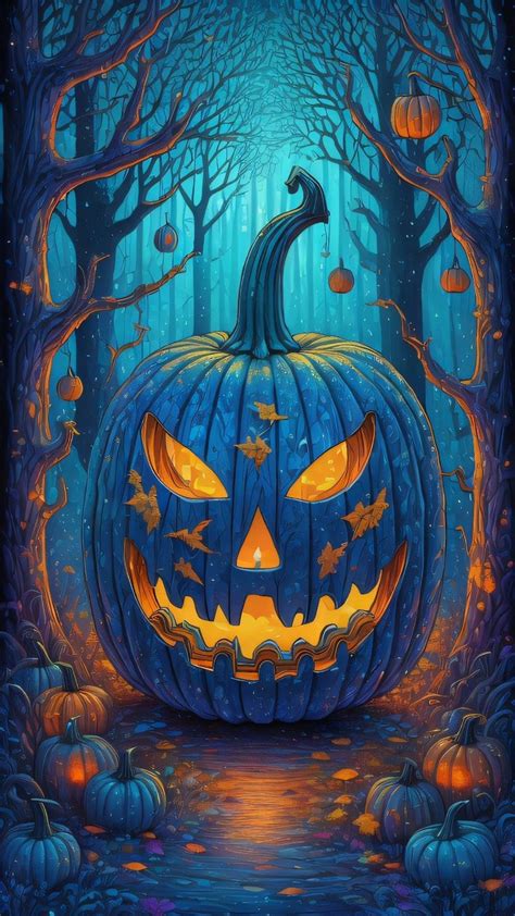 A Painting Of A Jack O Lantern Pumpkin In The Woods