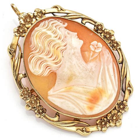 Antique 14k Yellow Gold Cameo Oval Brooch Pin Pendant Blue Ribbon