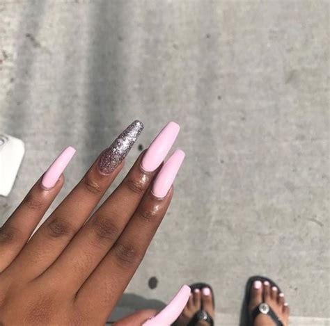 Light Pink Long Nails With Silver Glitter Ladystyle