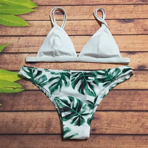 2018 Sexy Brazilian Beach Biquini Green Leaves Print Bikinis Push Up
