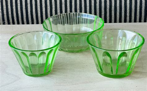 Vintage Green Uranium Vaseline Hazel Atlas Depression Glass Bowls