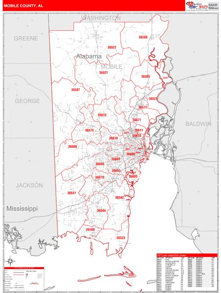 Mobile County Al Zip Code Maps Red Line Style