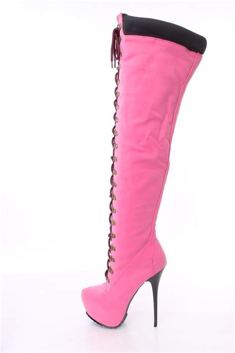 Hot Pink Lace Up Thigh High Platform Boots Faux Leather Thigh High Boots Heels Thigh High