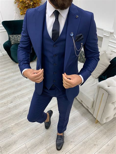 Vince Navy Blue Slim Fit Peak Lapel Suit Brabion