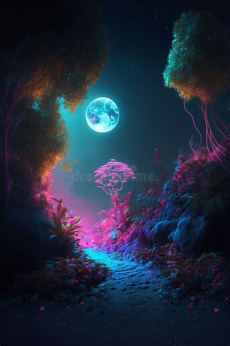Illustration Of Abstract Fantasy Landscape With Crystals And Glowing