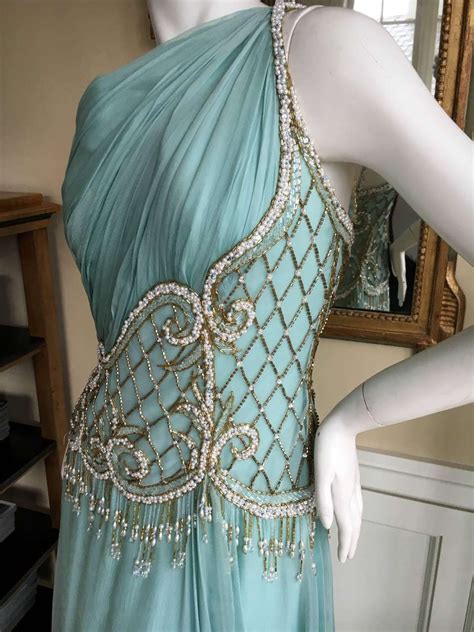 Bob Mackie One Shoulder Turquoise Goddess Gown With Fringe Pearl