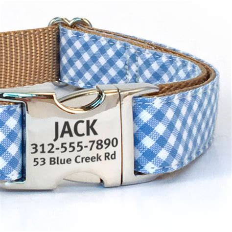 Personalized Blue Gingham Dog Collar Engraved Buckle Dog Collar For