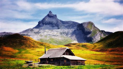 Loneliness Cabin Landscape Mountains Villages Hd