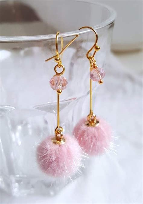 Faux Fur Pom Pom Gold Plated Earrings Pink Dangle Earrings