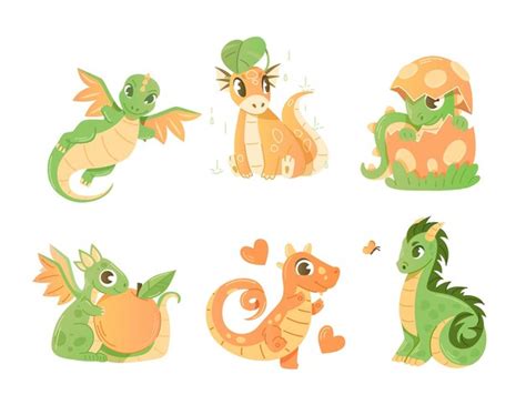 Premium Vector Set Of Cartoon Cute Baby Dragons Characters Flat