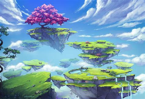 Fantasy Landscape Floating Island Sky Tree Waterfall 1080p
