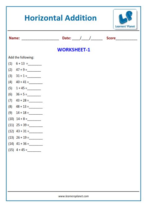 2 Digit Horizontal Addition Worksheets