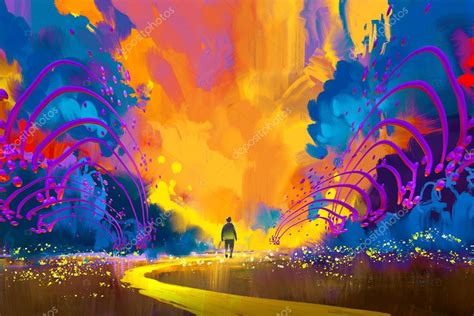Man Walking To Abstract Colorful Landscape — Stock Photo © Grandfailure