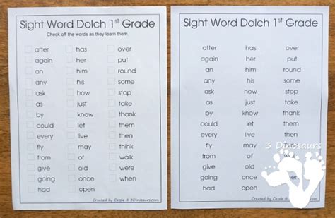 Easy To Use Dolch Sight Word Lists To Print 3 Dinosaurs