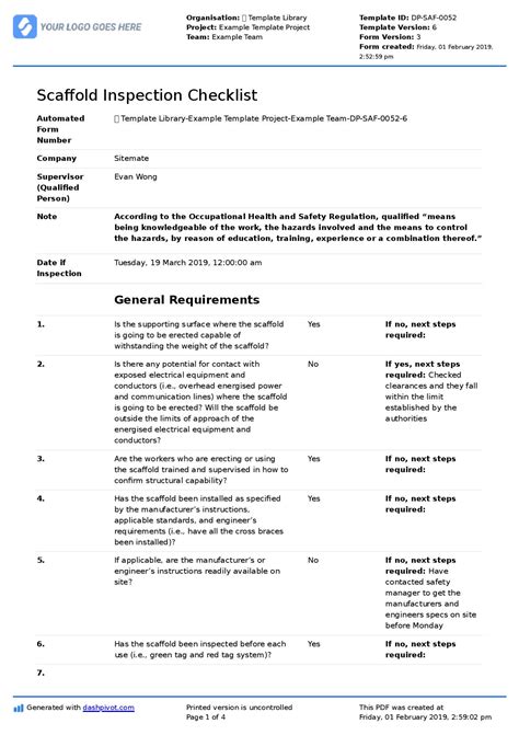 Scaffold Inspection Checklist Form Word