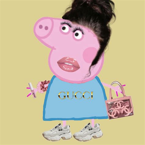 A Cartoon Pig Holding A Pink Purse And Wearing A Blue Shirt With The