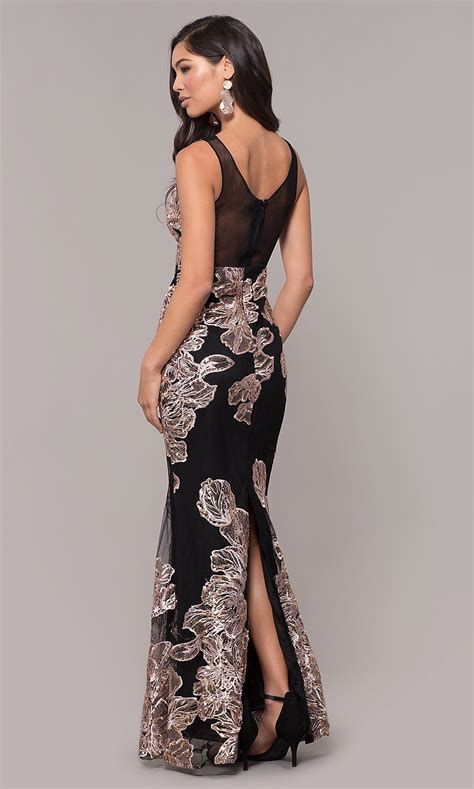 Sequin Print Long Sleeveless Black Prom Dress Promgirl