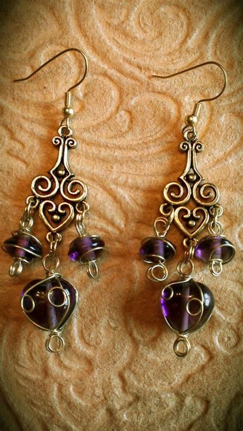 Purple Wire Wrapped Chandelier Earrings