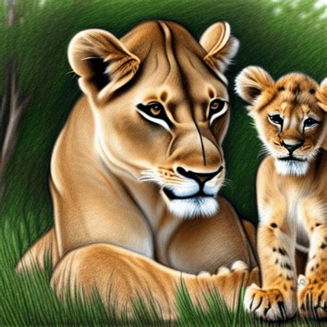Realistic Drawing Of A Lioness And Cub · Creative Fabrica