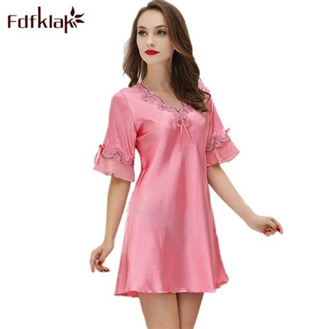 Fdfklak Summer Nightgown Sexy Faux Silk Night Lingerie Sleep Dress Women Nightgown Sleepwear